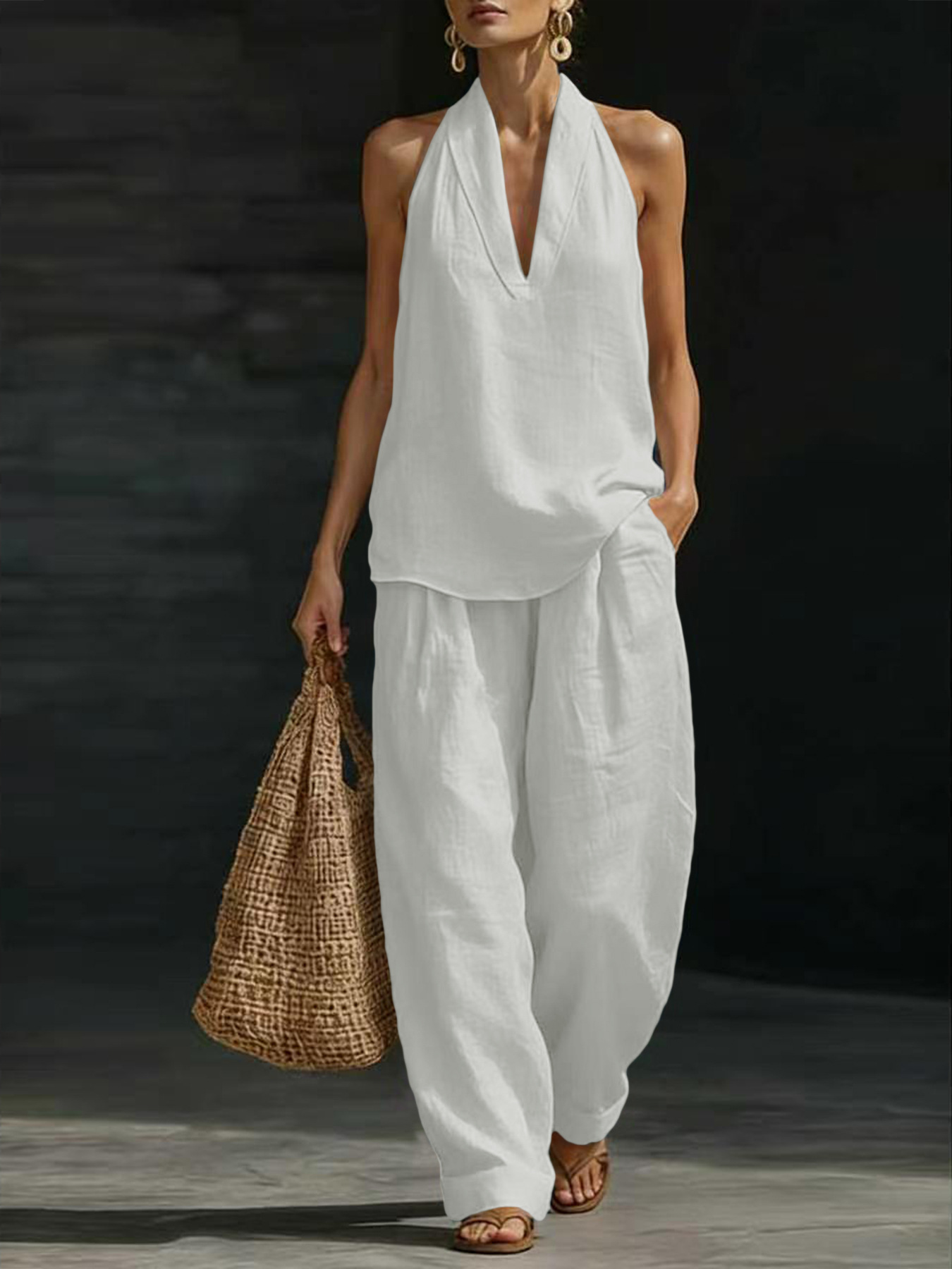 Suspender Tank Top - Women Linen 2 Piece Outfit Halter